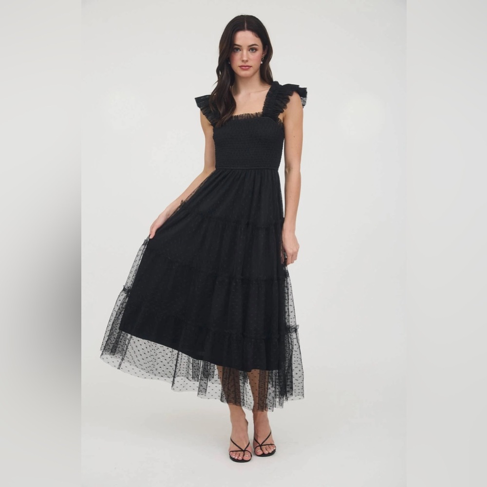 Elegant Black Ruffled Swiss Dot Dress
